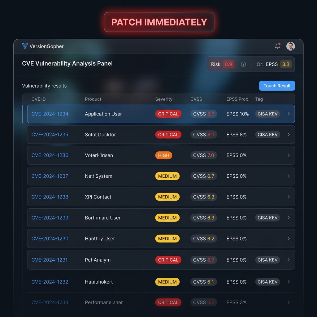 VersionGopher CVE vulnerability analysis panel