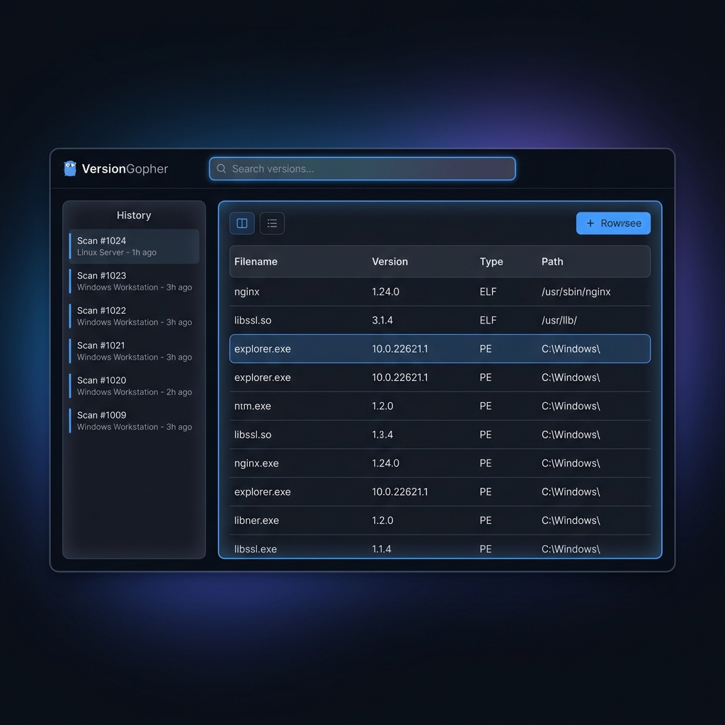 VersionGopher dashboard showing version search results